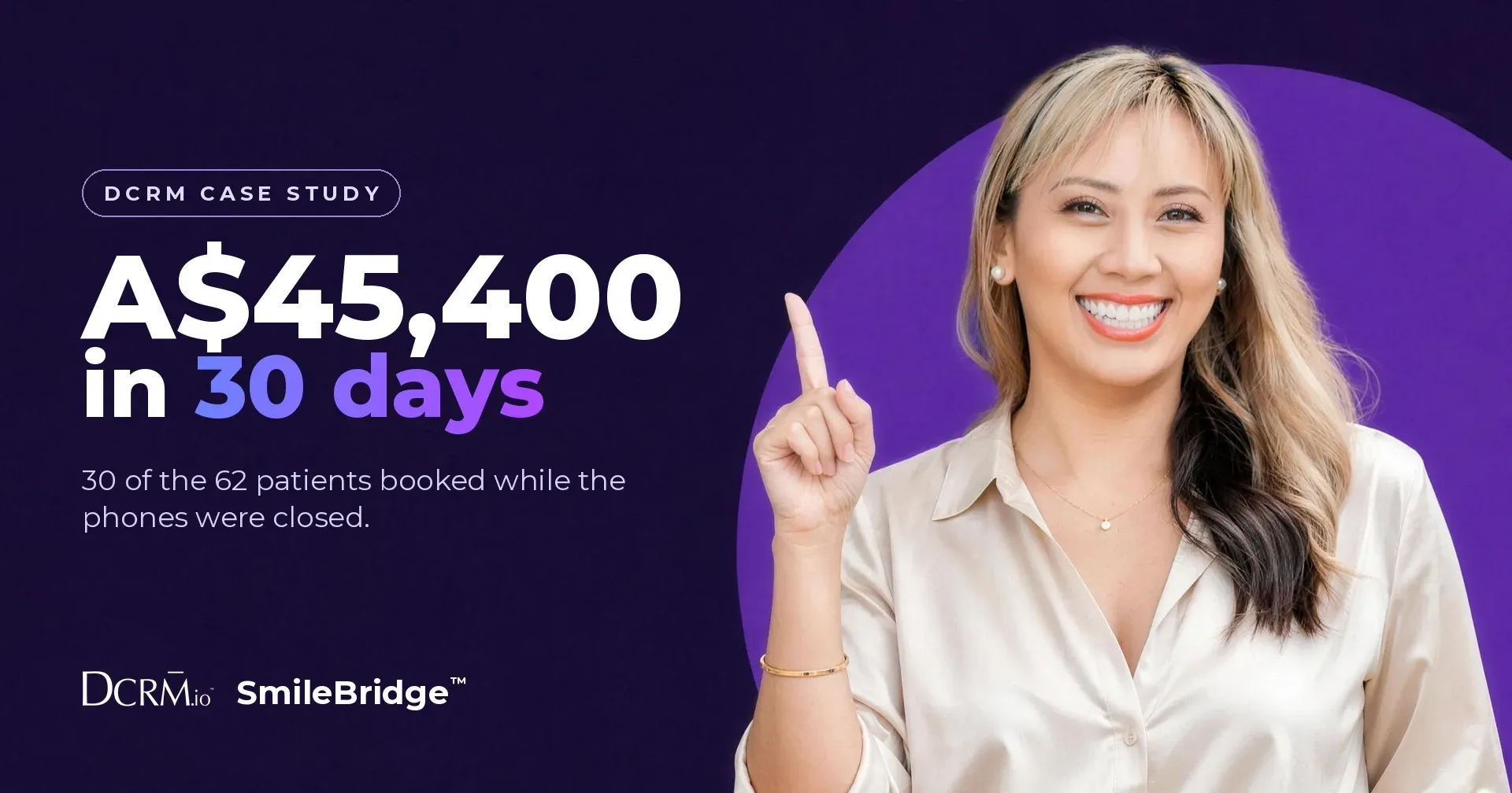 DCRM case study, SmileBridge™: A$45,400 in 30 days, 30 of the 62 patients booked while the phones were closed. Liza Choa in a champagne silk shirt, finger raised.