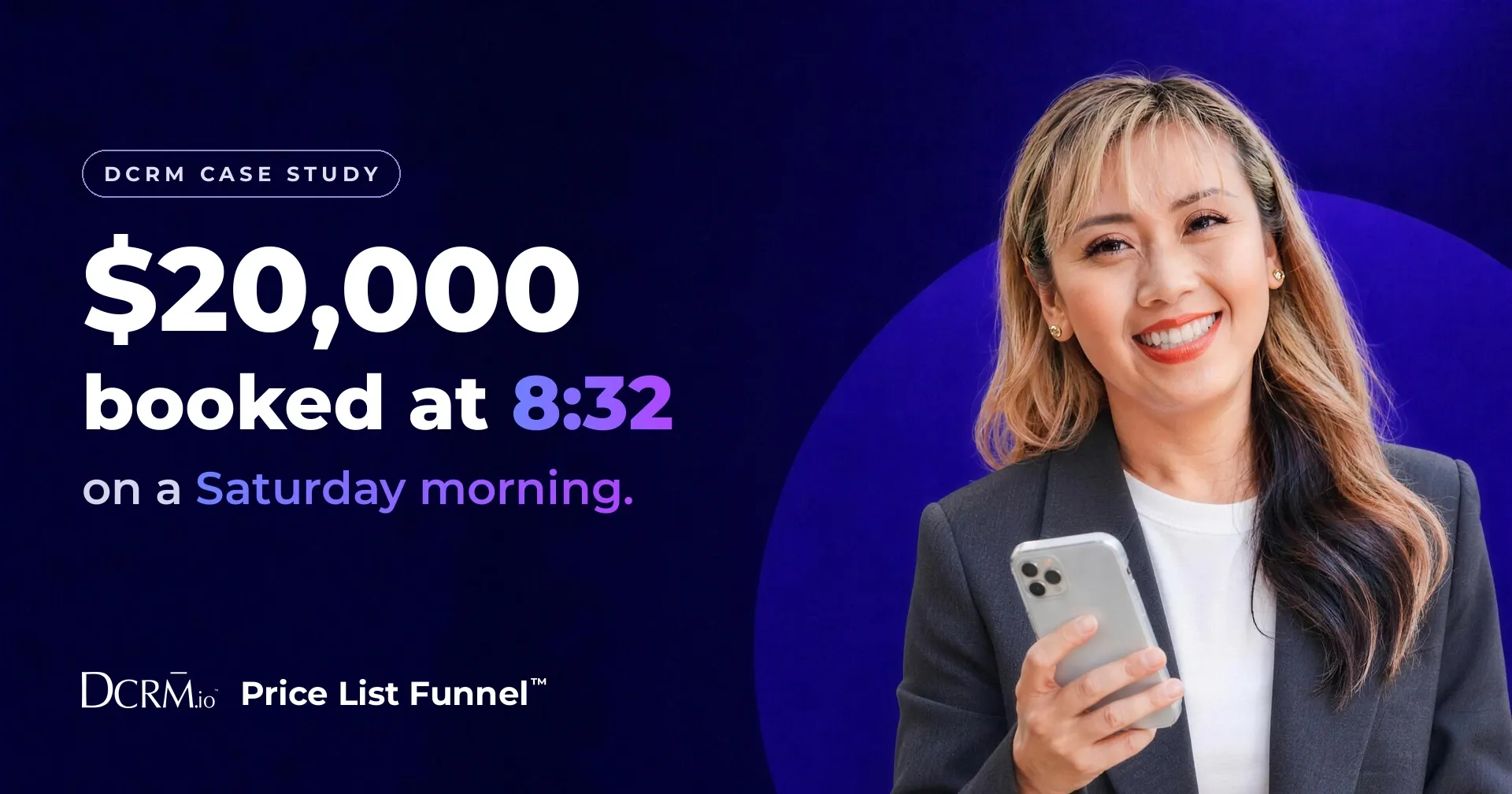 DCRM case study, Price List Funnel™: $20,000 booked at 8:32 on a Saturday morning.