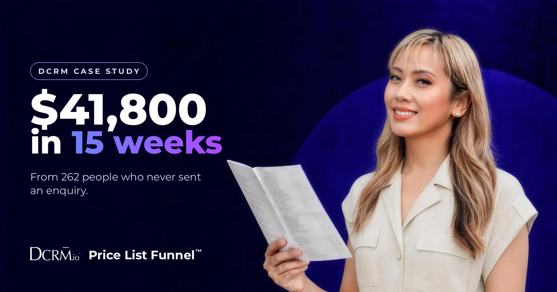 DCRM case study, Price List Funnel™: $41,800 in 15 weeks, from 262 people who never sent an enquiry.