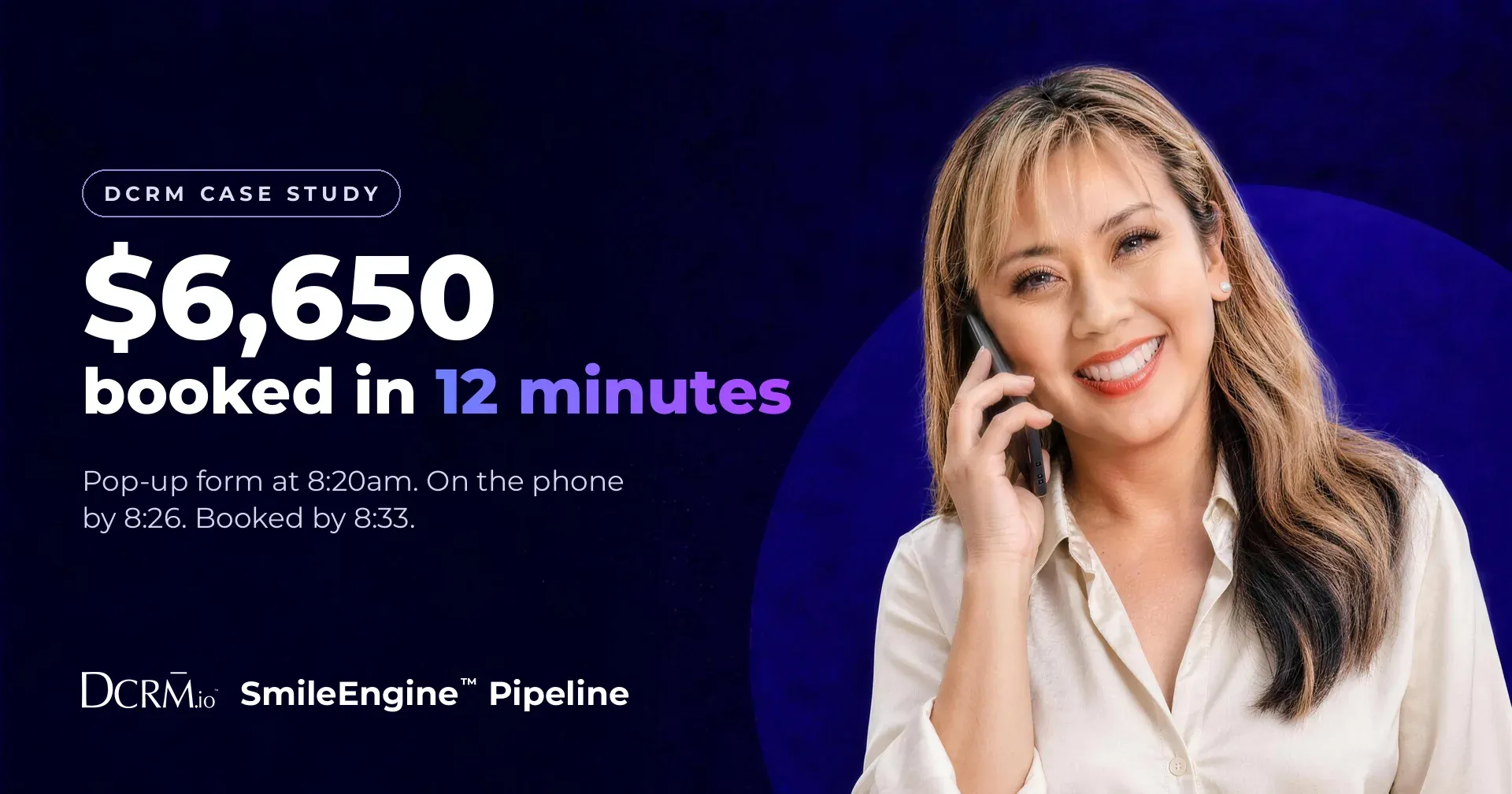 DCRM case study, SmileEngine™ Pipeline: $6,650 booked in 12 minutes. Pop-up form at 8:20am, on the phone by 8:26, booked by 8:33.